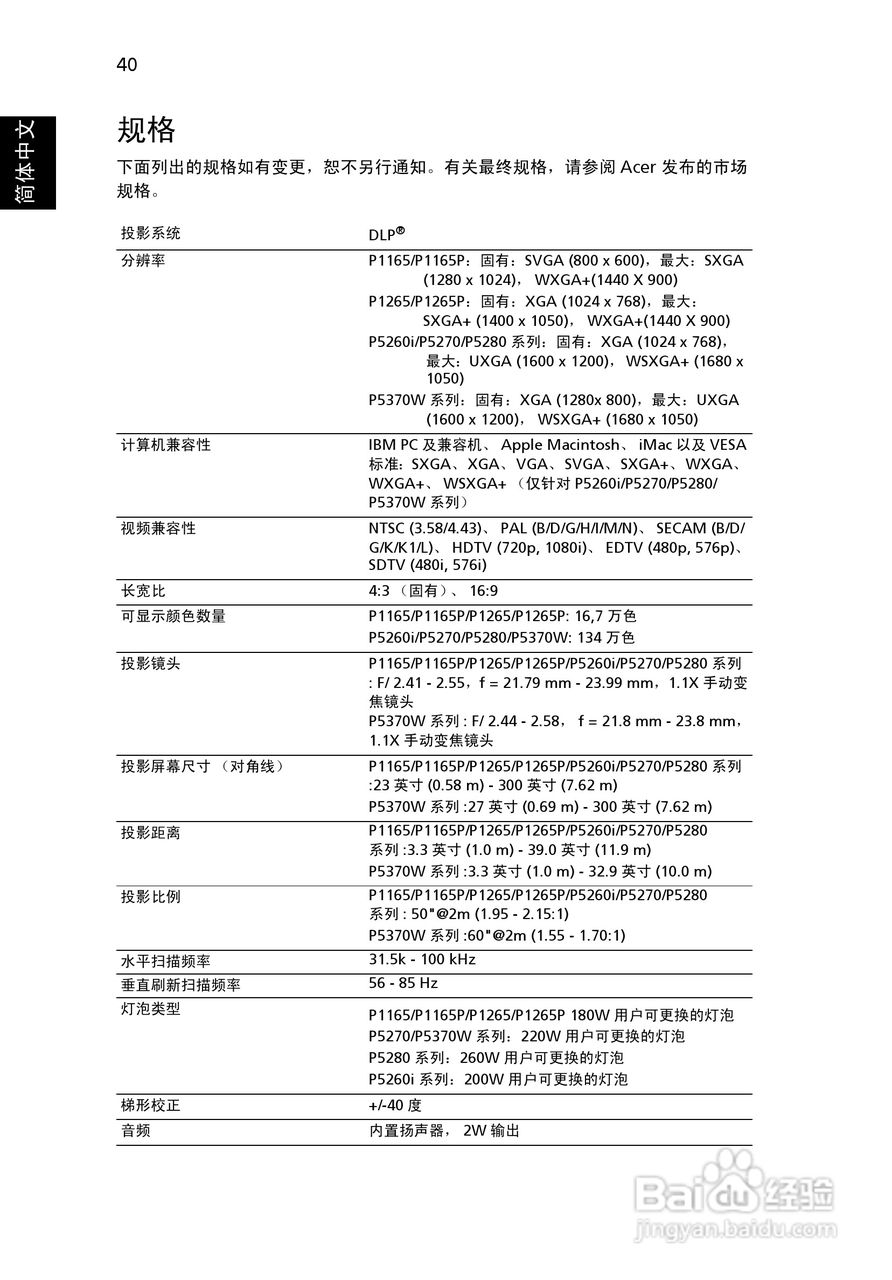宏基P1165P投影机使用说明书:[6]
