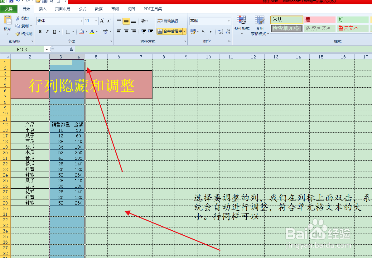 Execl表格中行列的隐藏和调整方法