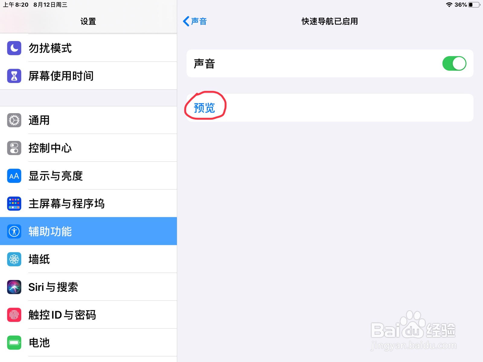iPad怎么在旁白设置快速导航已启用的预览