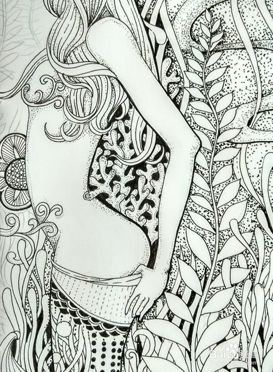 手绘插画-人物黑白装饰画（美少女）