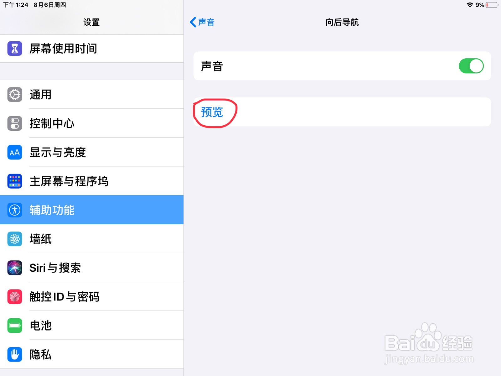 iPad怎么在旁白设置向后导航的预览
