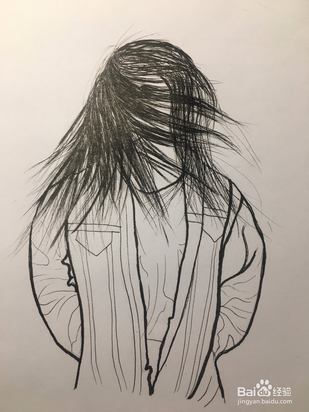 冬季画一个风中长发凌乱的样子 女子简笔线描画