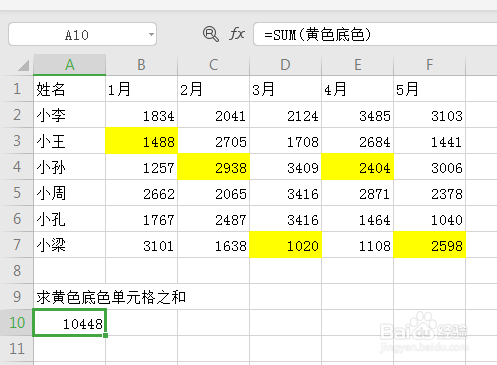 Excel怎么求所有背景色为黄色的单元格的和 百度经验