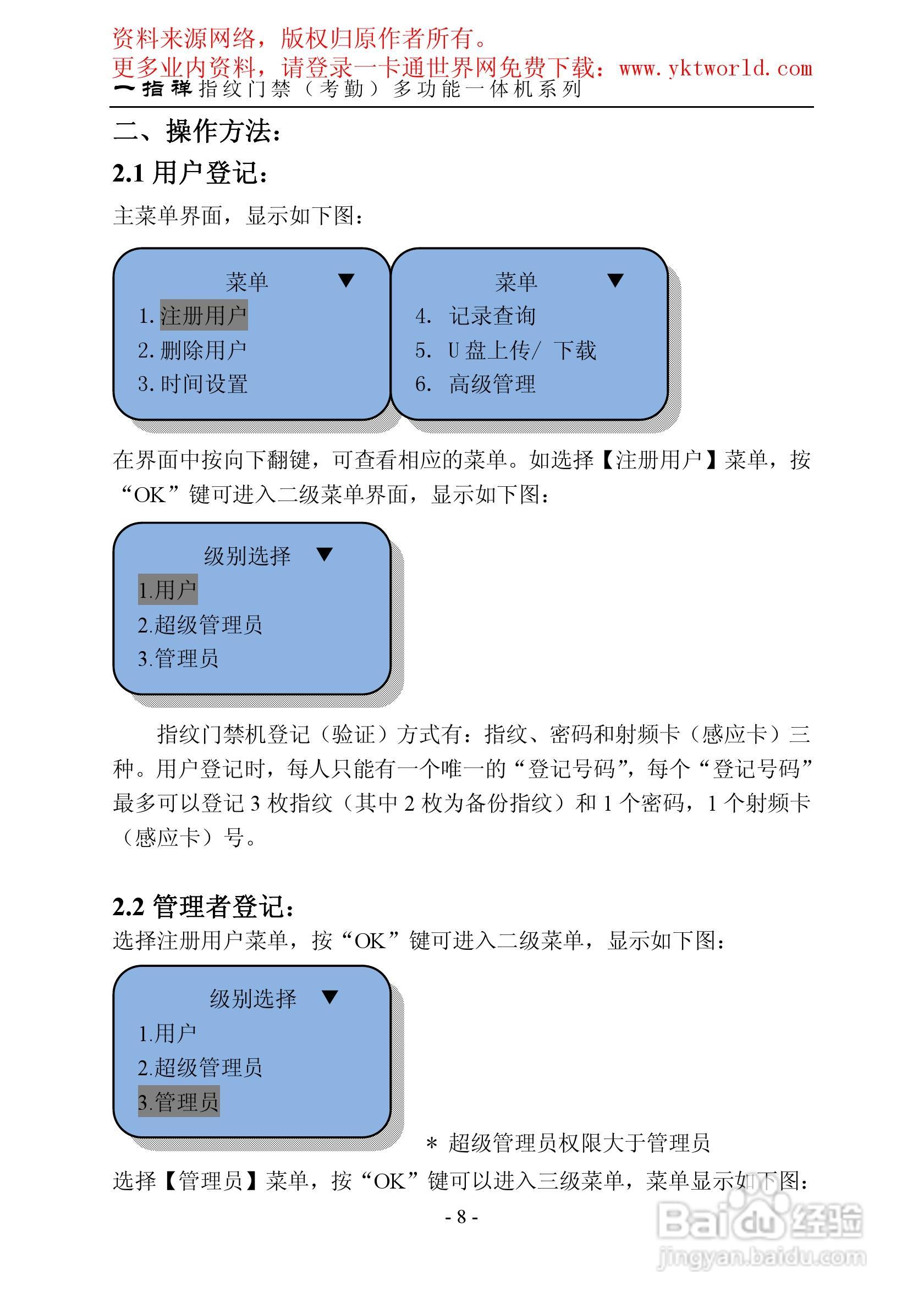 一指禅指纹门禁考勤多功能一体机系列说明书:[2]