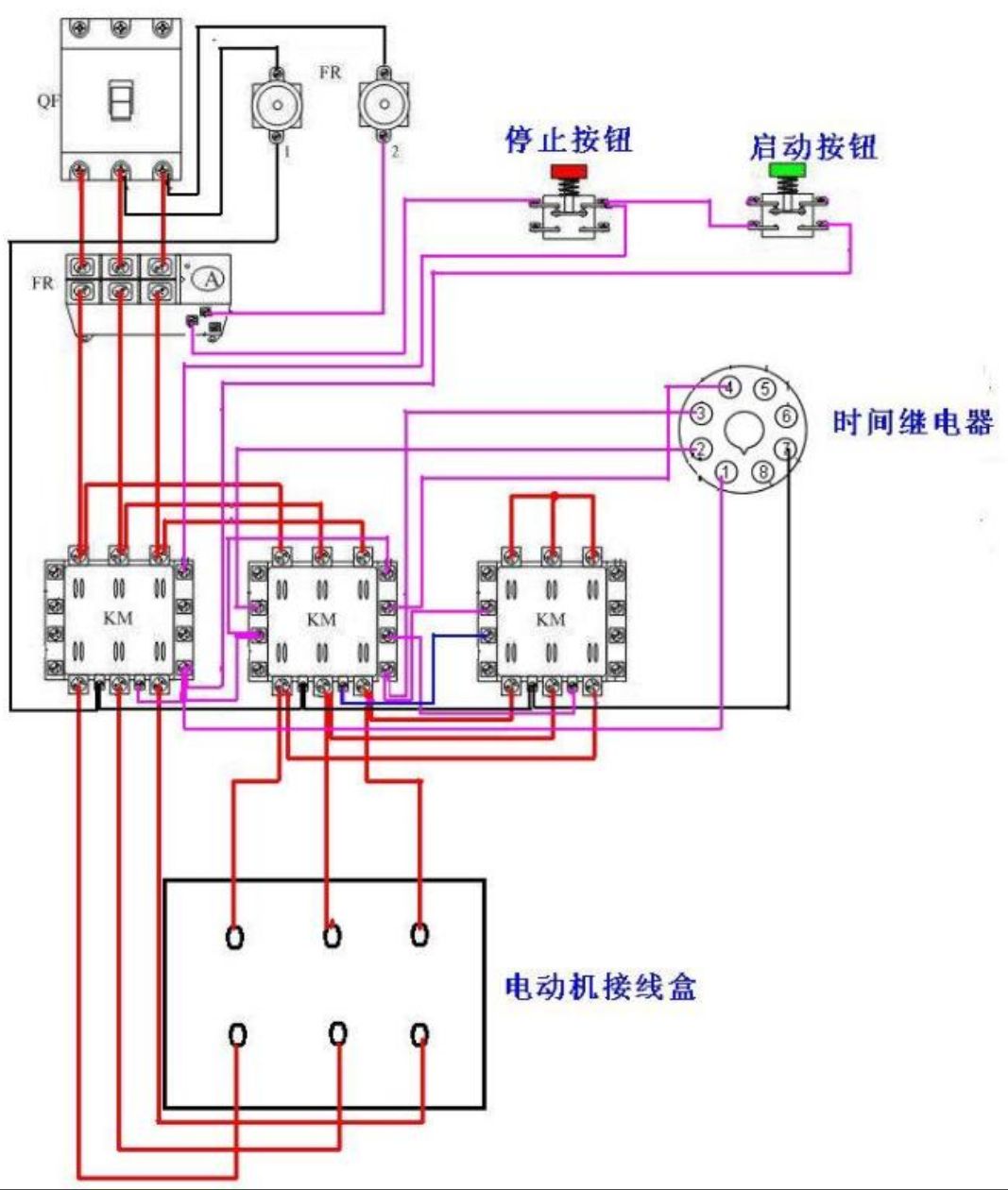 电机的星三角降压启动实物接线图怎么画
