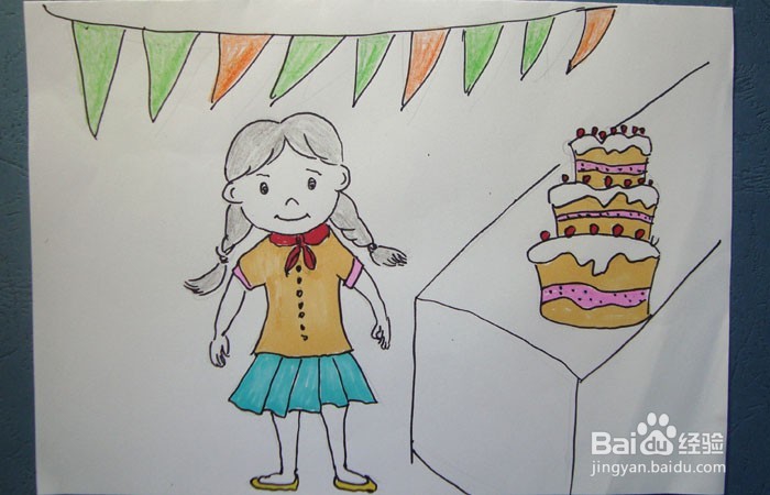 彩色简笔画买蛋糕的小女孩