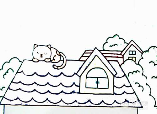 趴在屋顶上睡觉的猫咪的简笔画