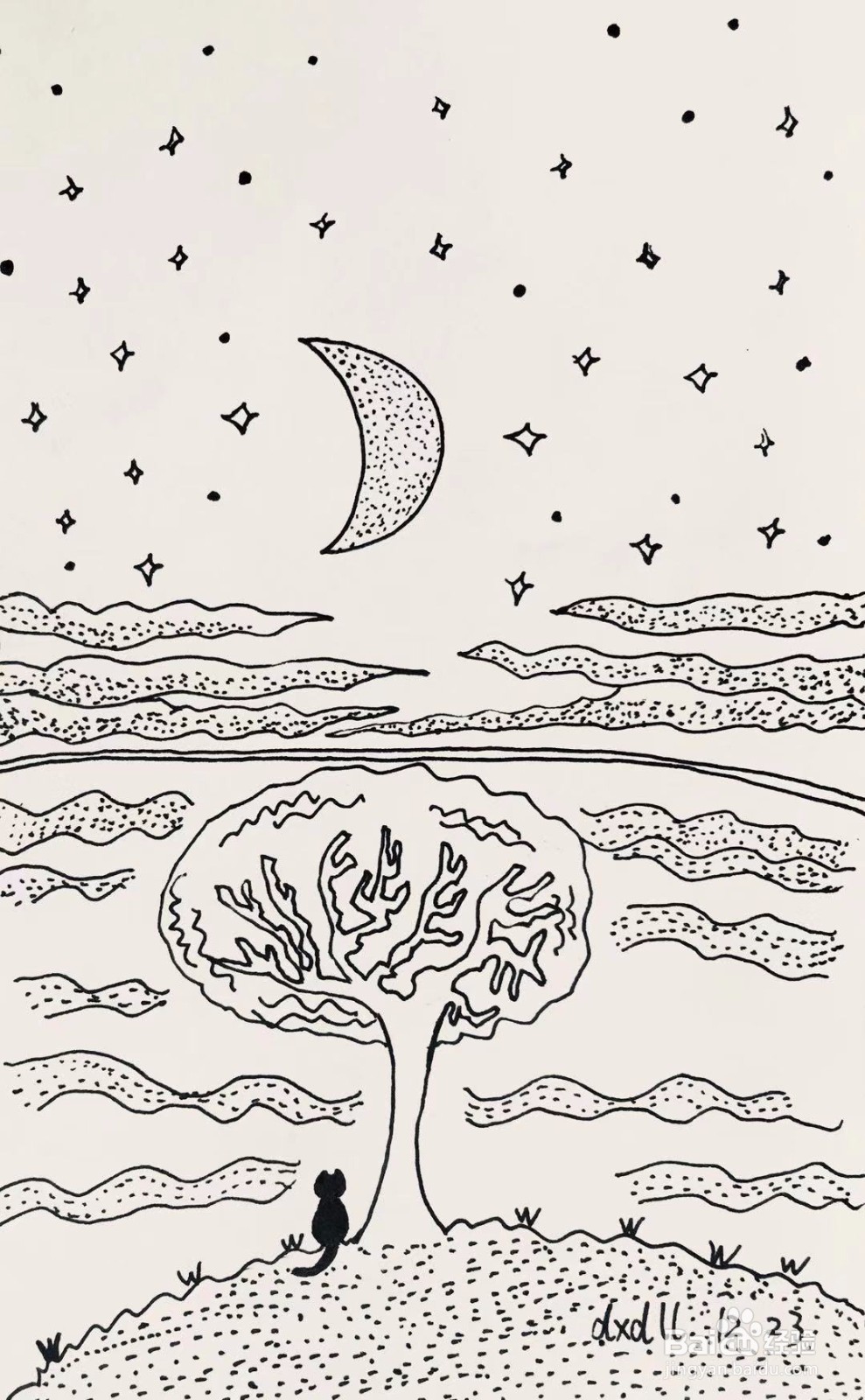 茉莉水彩手绘之月色河滩