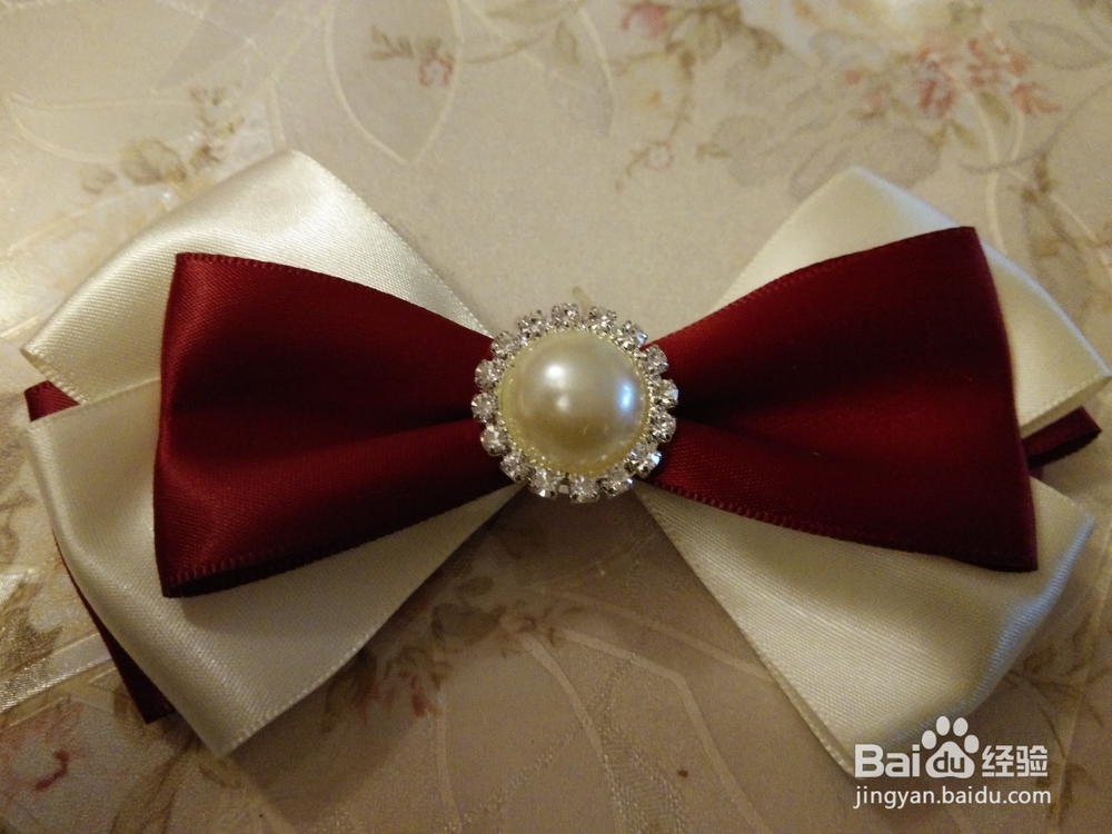 手工制作：酒红色双色镶珠蝴蝶结发夹