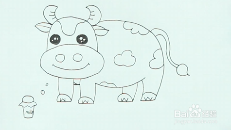 之后给奶牛身上的画上花纹,旁边画出一瓶牛奶