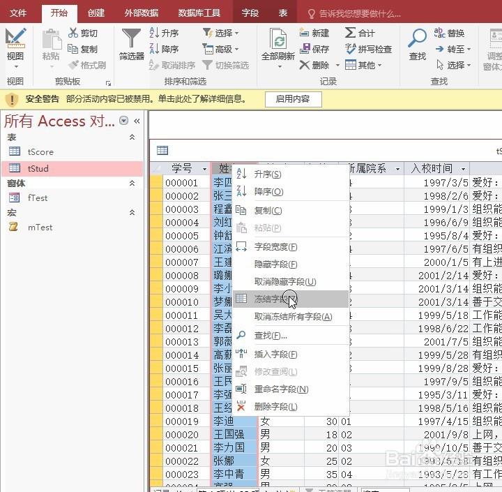 ACCESS冻结字段列的操作设置