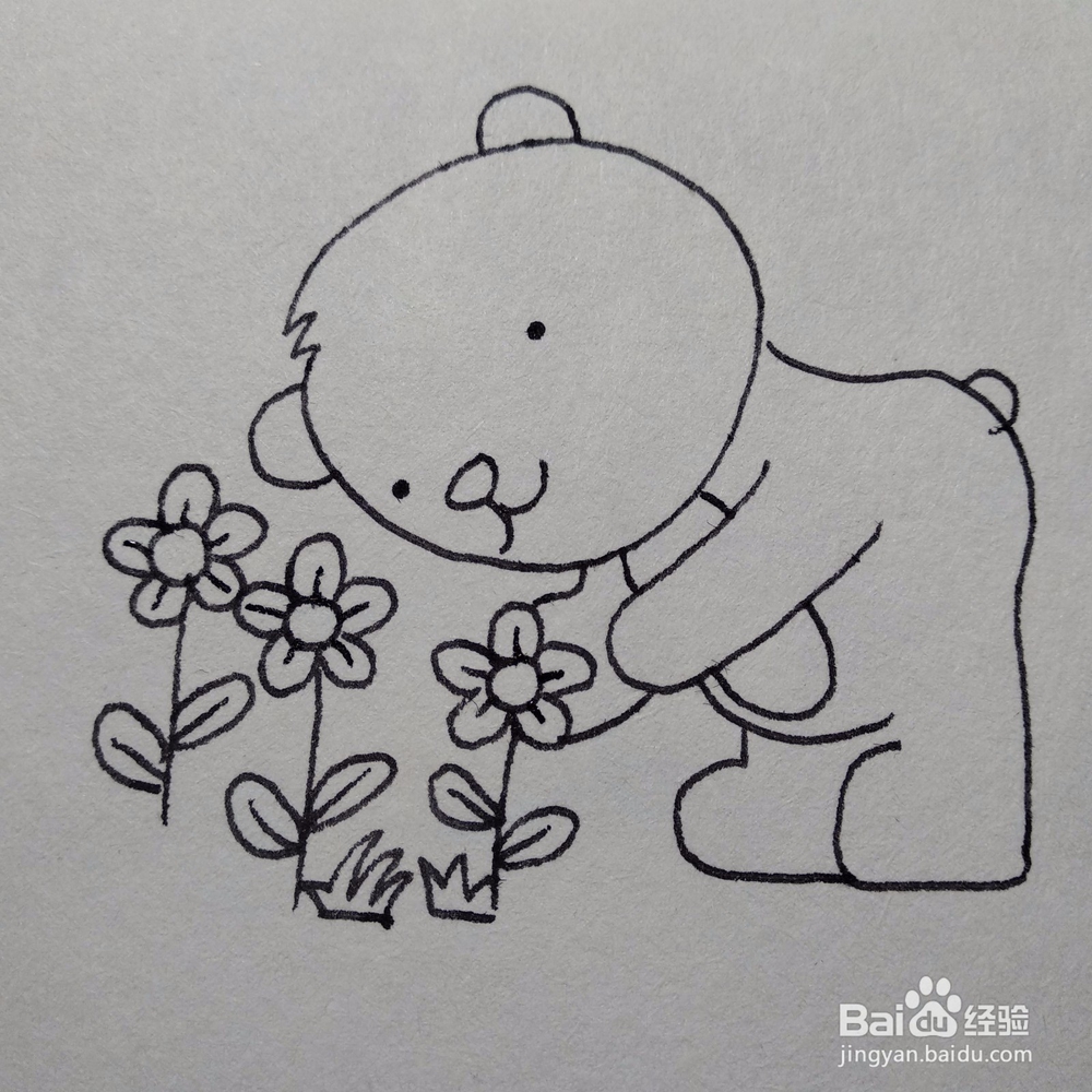 如何画一只正在摘花的小熊卡通儿童简笔画 百度经验