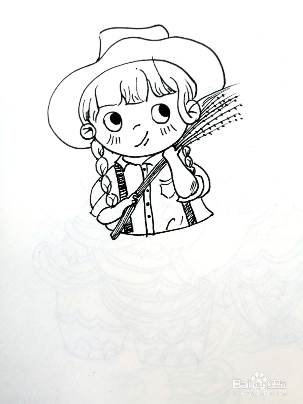戴着草帽的女孩儿线描画怎么画