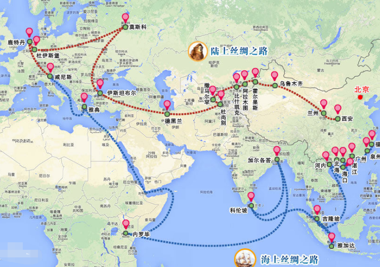 我国古代丝绸之路所经过之的路线图