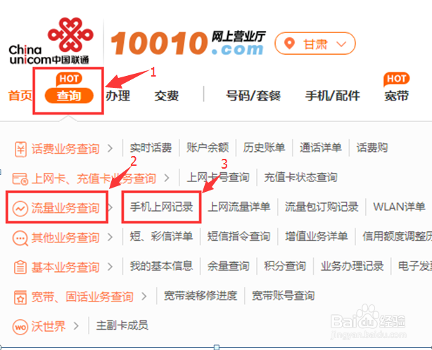 甘肃联通移动用户“上网记录查询”功能使用方法