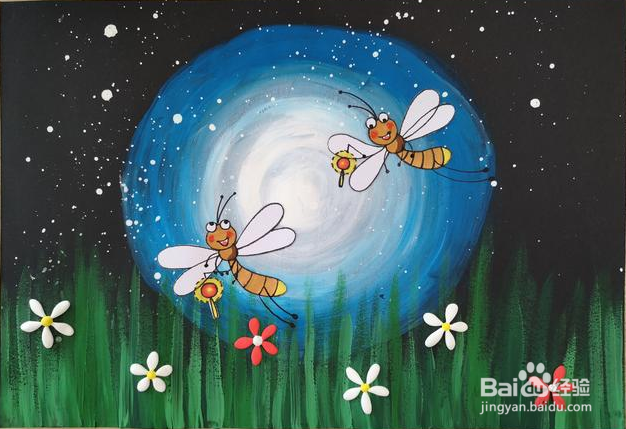 如何跟宝宝画创意画－蓝色月光下的营火虫