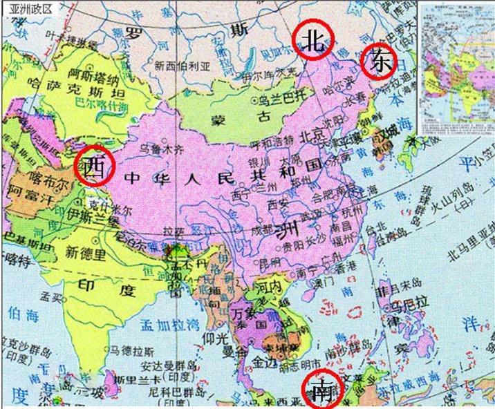 中国的四至点在地图上哪个位置？要有图说明。