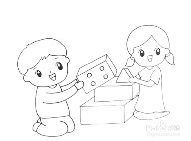 两个小孩搭积木简笔画图片