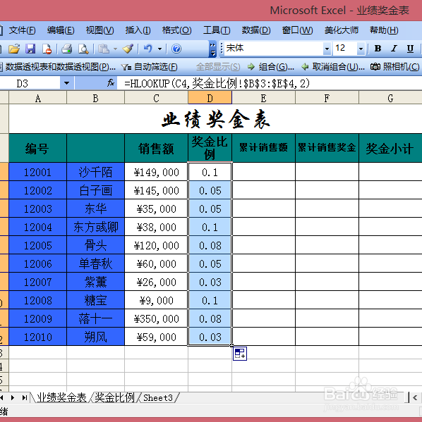 如何使用excel制作公司人员业绩奖金表