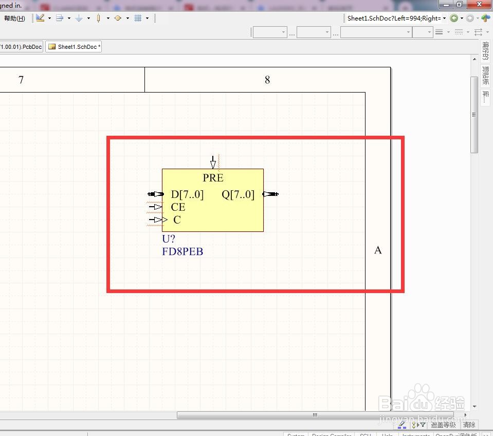 如何在AD中放置异步预置总线使能8位D型触发器？