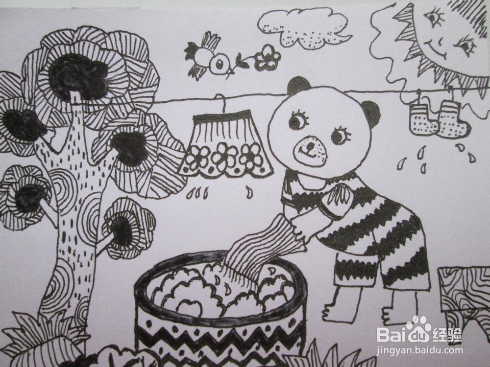 黑白线描画《勤劳的小熊》