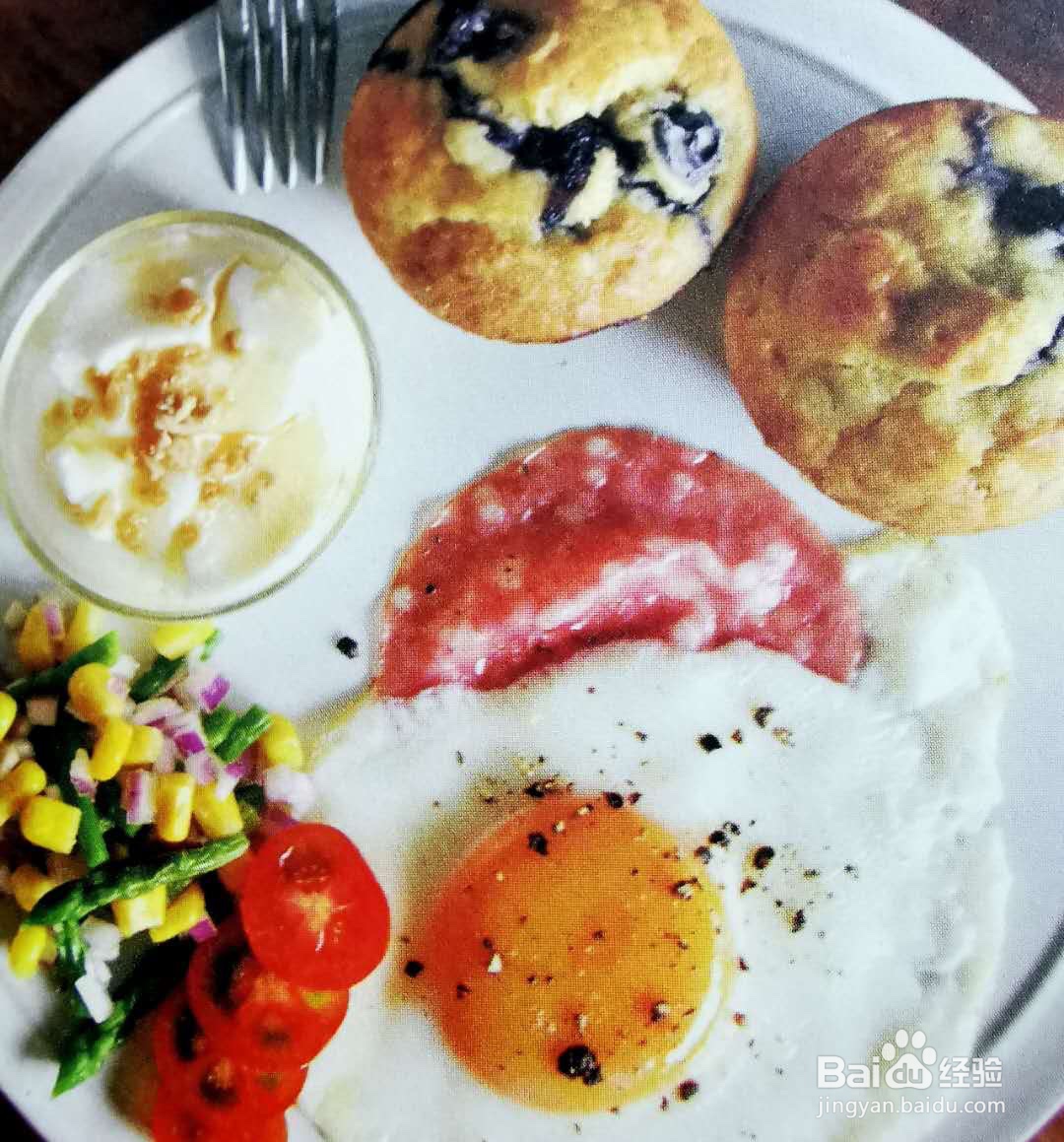 健身减肥营养早餐搭配：香蕉蓝莓麦芬煎蛋配沙拉