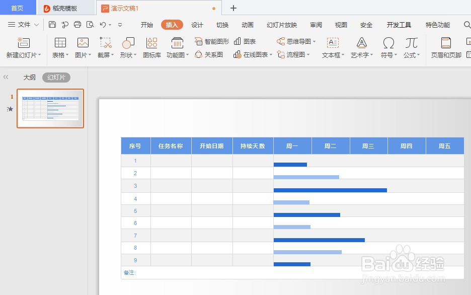 如何在WPS Office的PPT幻灯片插入进度管理图表