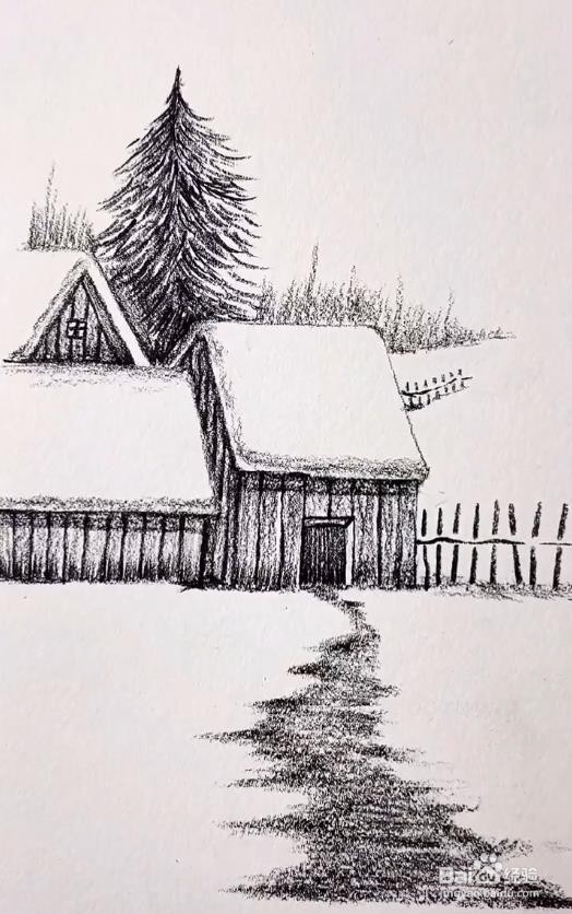 雪景简笔画 铅笔画图片
