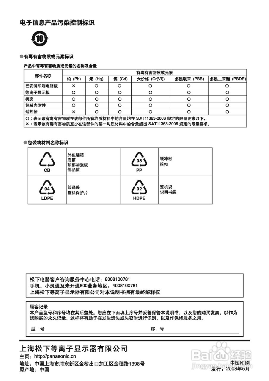 松下等离子电视机TH-50PH11CK型说明书:[5]