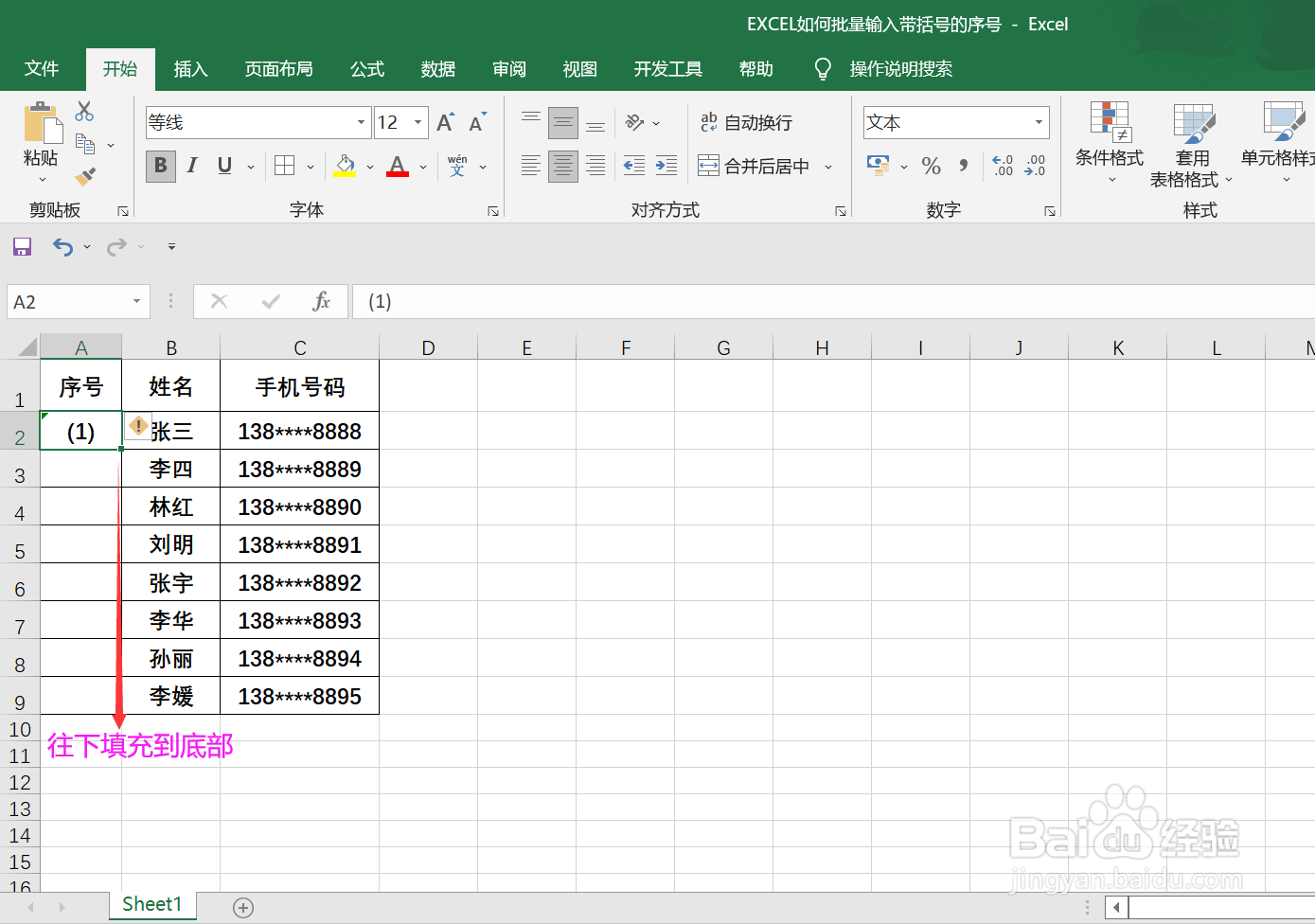 EXCEL如何批量输入带括号的序号