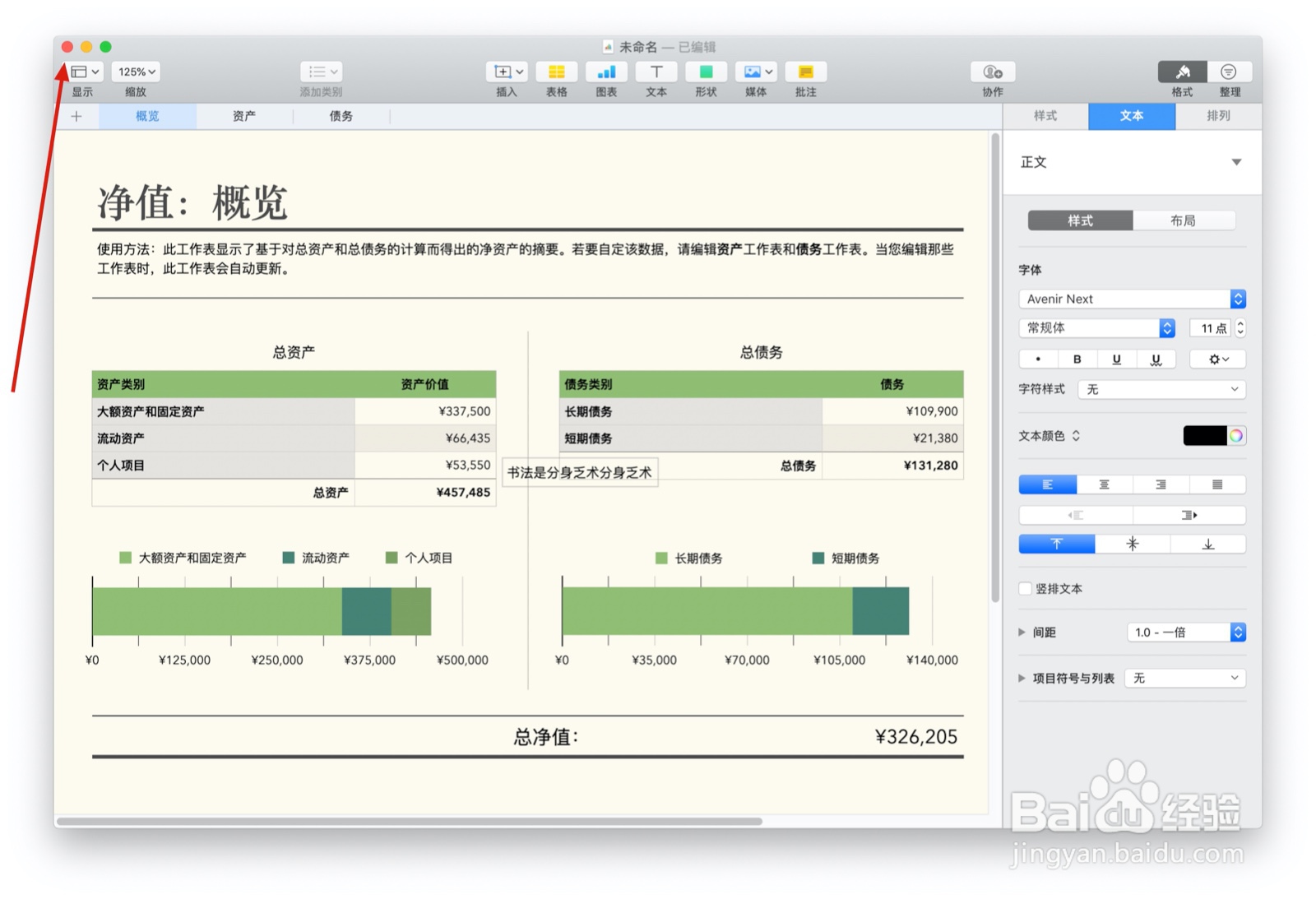 Numbers表格“净值”模板中如何插入文本