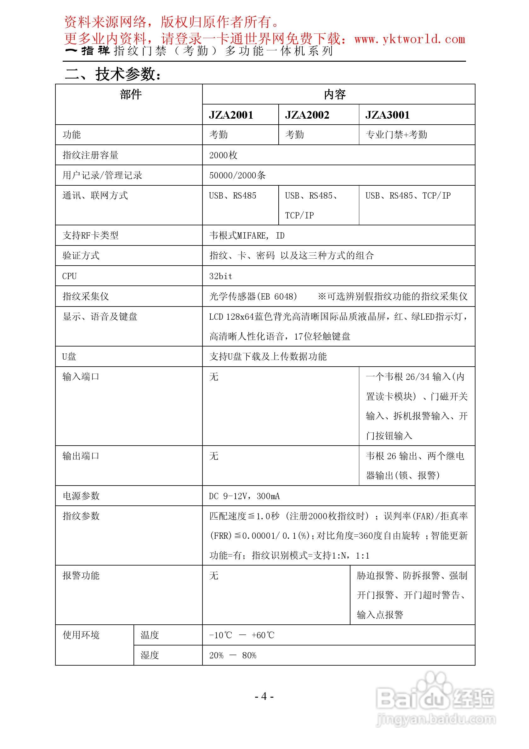 一指禅指纹门禁考勤多功能一体机系列说明书:[1]