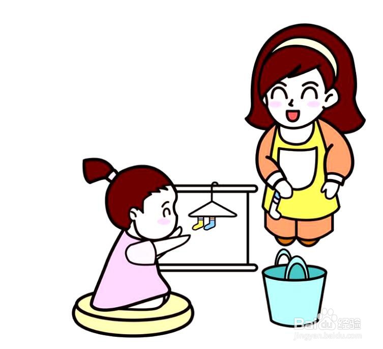 洗衣服简笔画女孩彩色图片