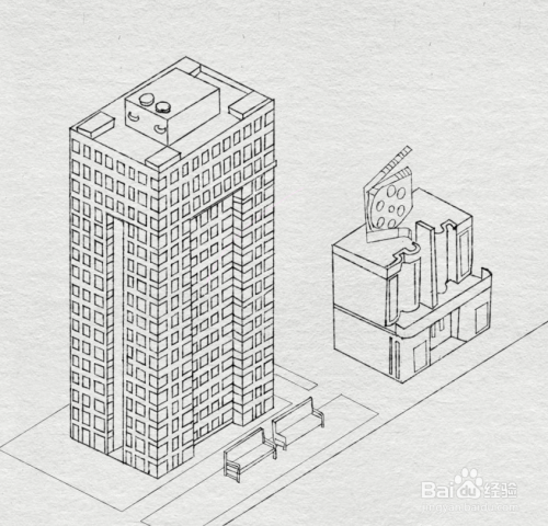 现代楼房之高楼和电影院的简笔画