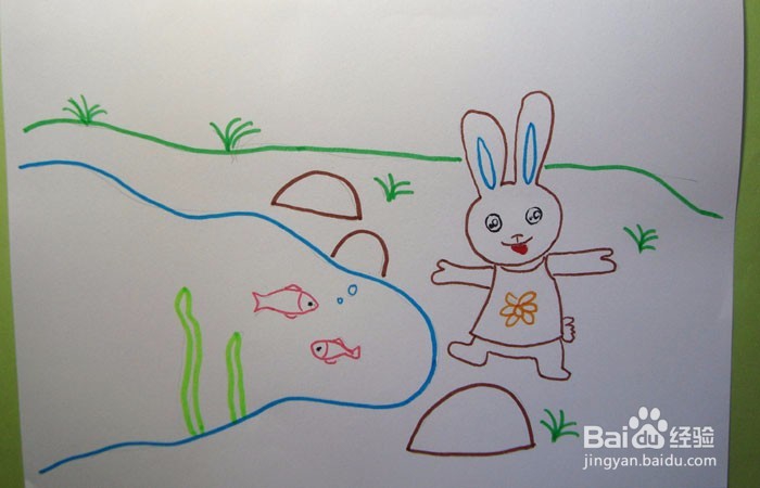 彩色简笔画小兔子看鱼儿游