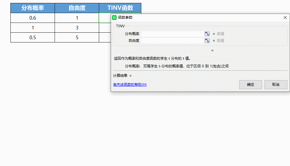 TINV函数计算 自由度双尾概率区间点
