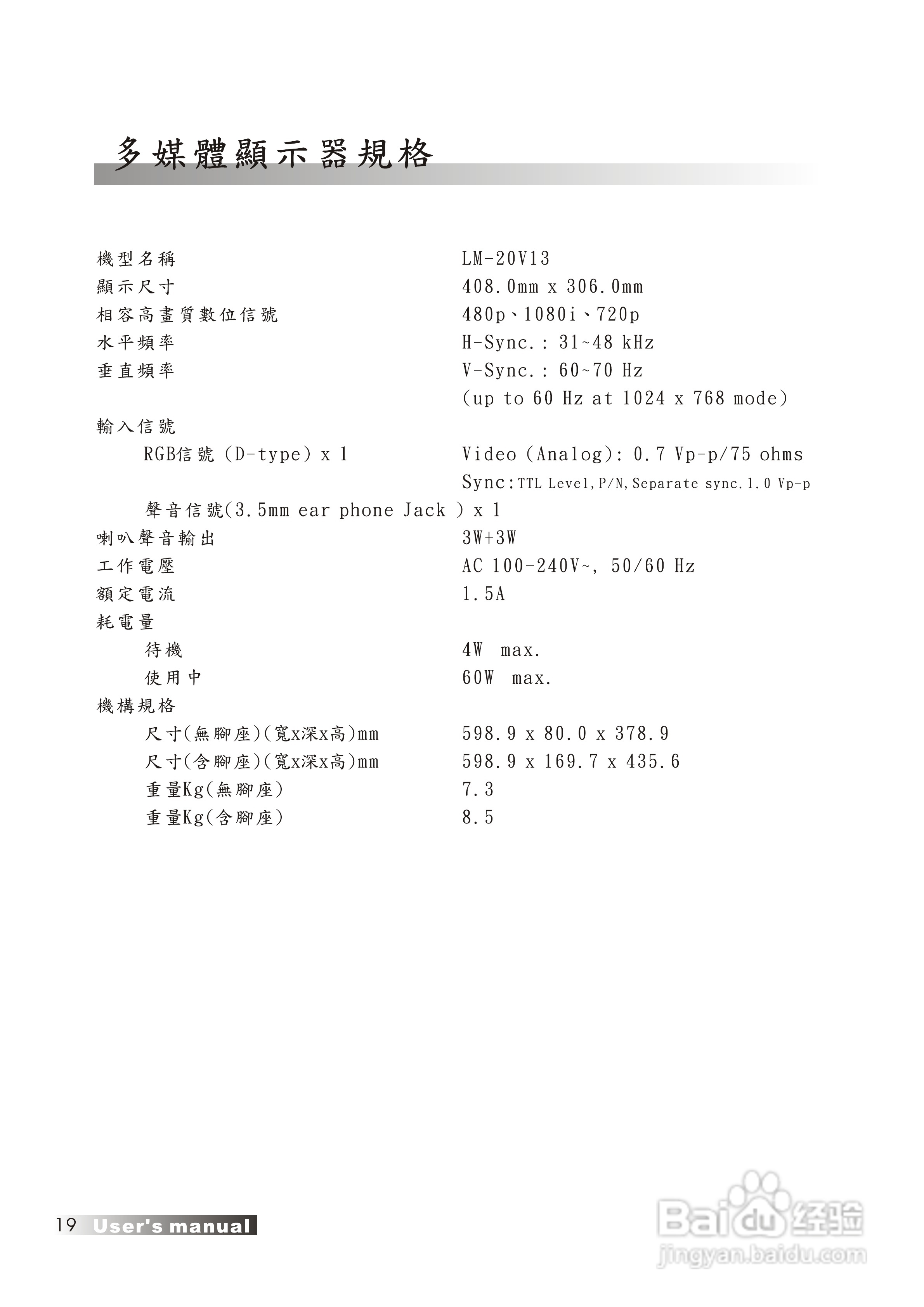 声宝LM-20V1型多媒体液晶显示器说明书:[2]