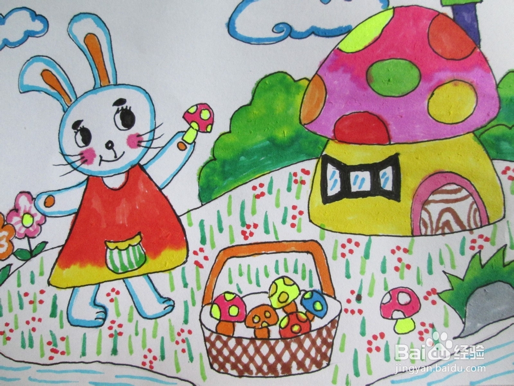小兔子蘑菇房子儿童画图片