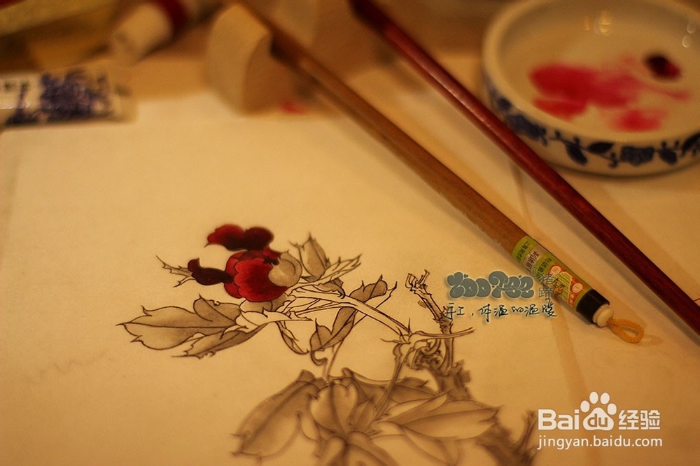 国画工笔花卉技法，起稿上色步骤图以及笔的选择