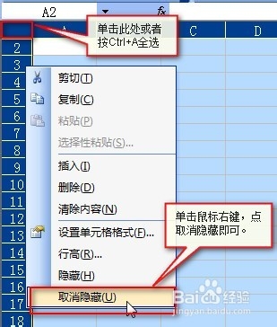 excel2003表格第一行取消隐藏的方法总结