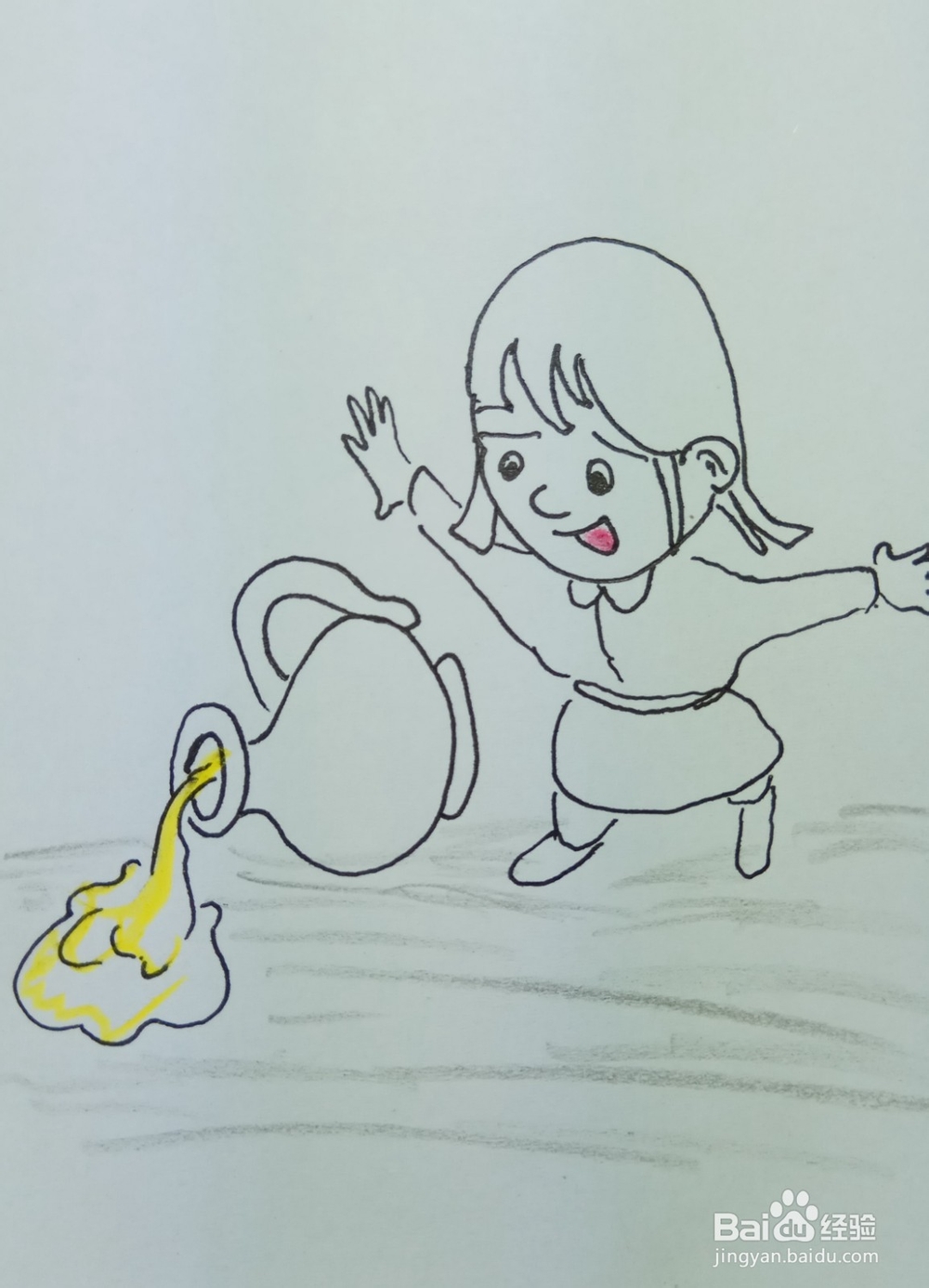 怎样画简笔画“小姑娘喊着罐子倒了”
