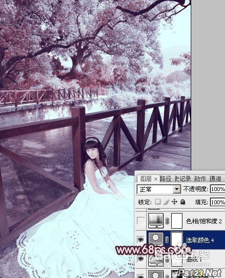 Photoshop调出河边美女婚片梦幻的紫红色