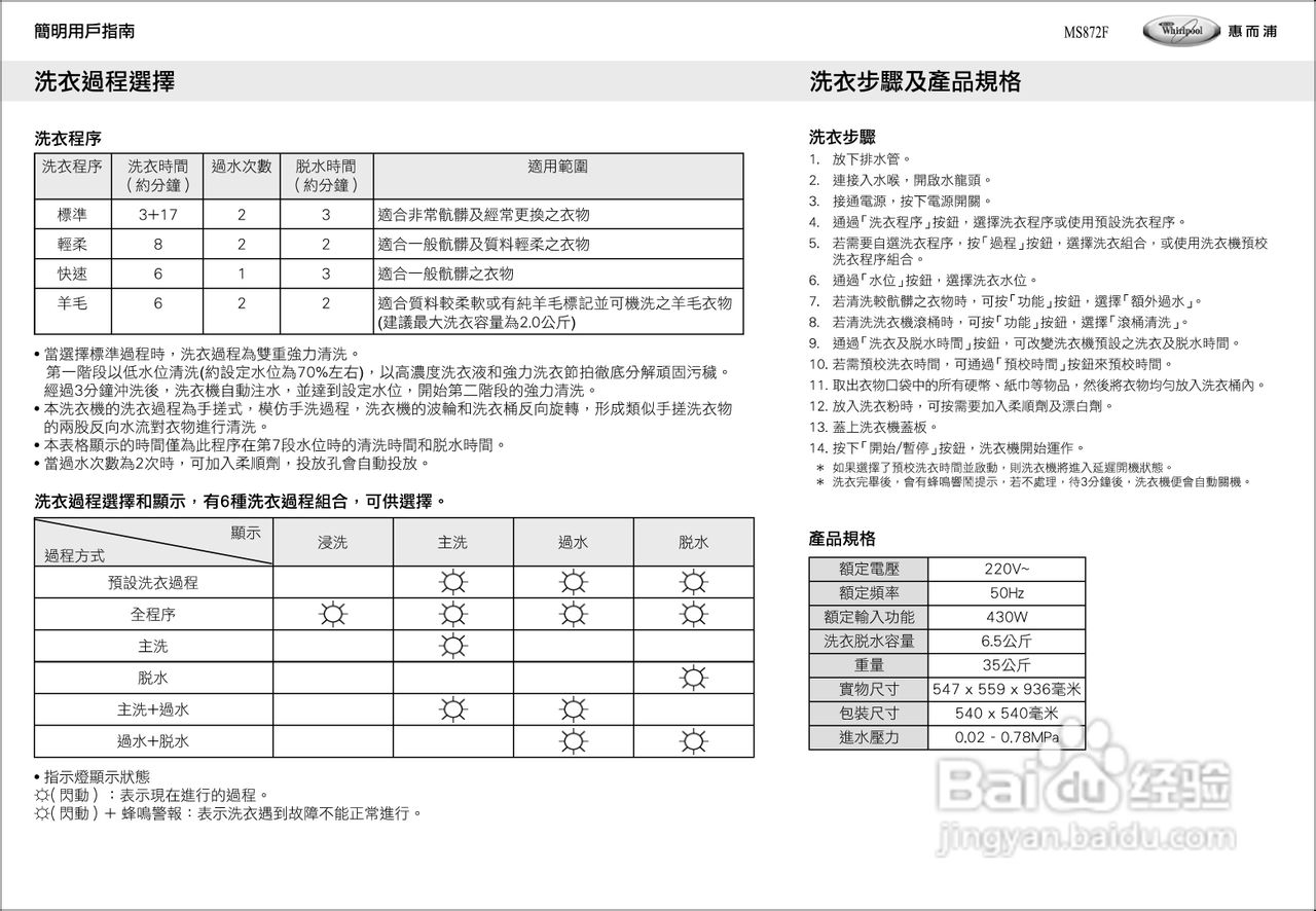惠而浦MS872F波轮式洗衣机说明书