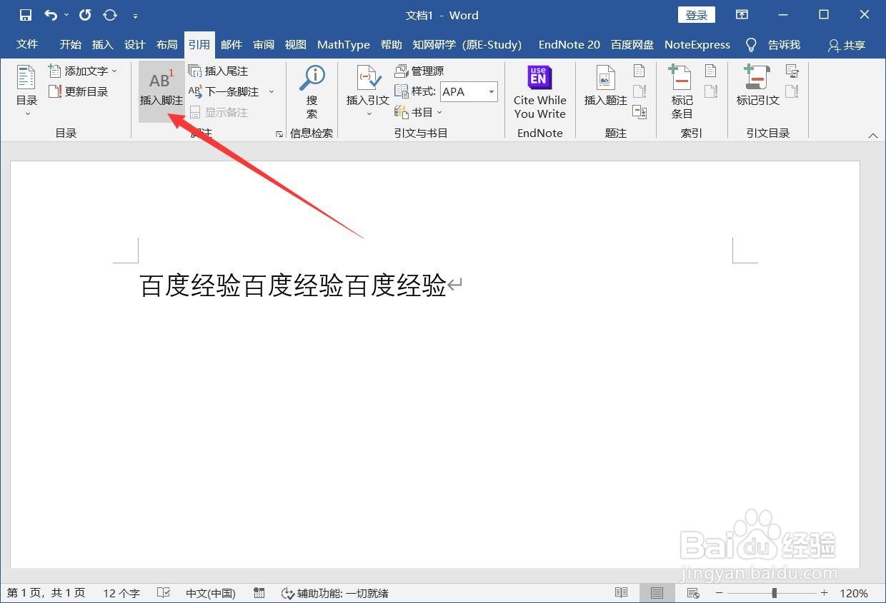 点击菜单栏【引用】-【插入脚注】.