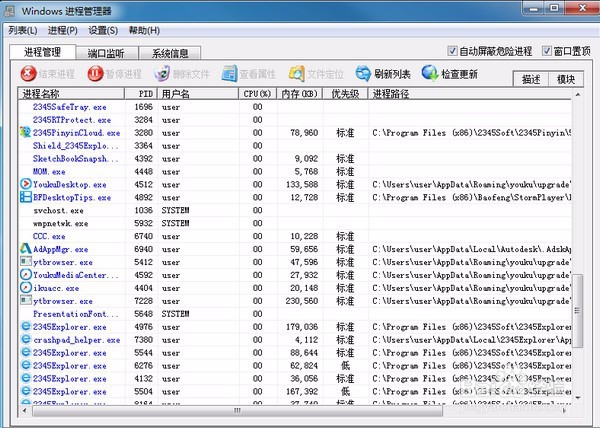在 “windows进程管理器“中管理进程
