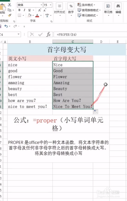 在Excel中如何将首字母变大写