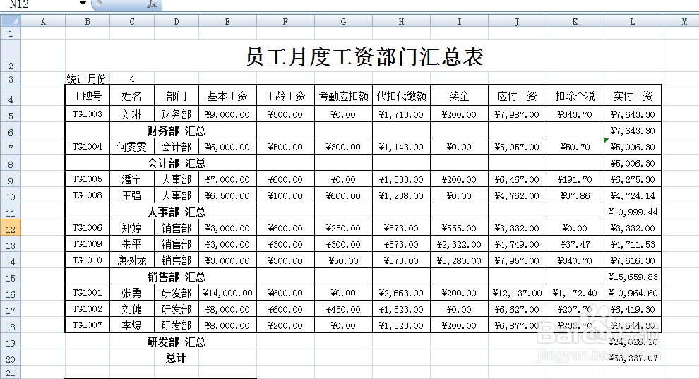 excel中如何制作员工月度工资部门汇总表