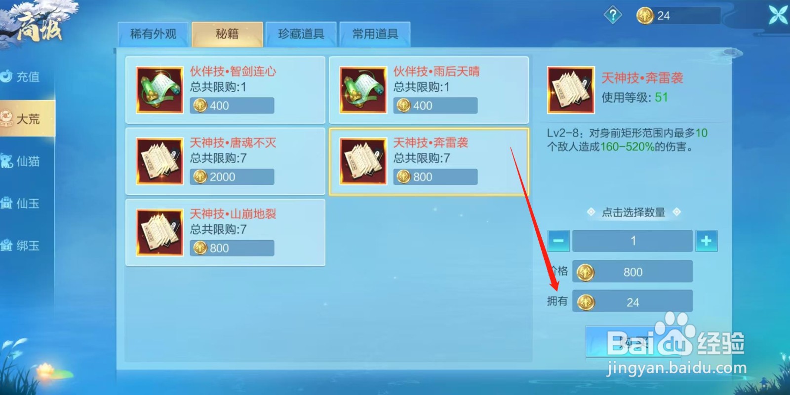 天堂奇缘怎样查看天神技·奔雷袭的拥有