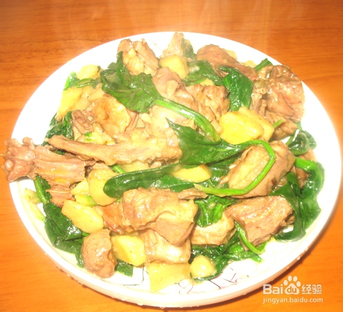 家常菜土豆油菜烧鸭肉