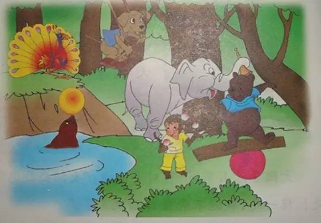 看图写话。图中有小白兔、小猴子、小鸭、小蜜蜂、桃树、磨菇、花。